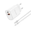 Univerzális 20W-os Telefon és Tablet Gyorstöltő, 1db USB-C 1db USB kimenettel, USB-C - Lightning kábellel Apple készülékekhez, fehér (Jellico WJ-C60)