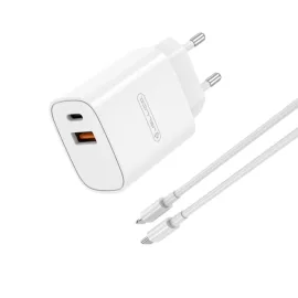   Univerzális 20W-os Telefon és Tablet Gyorstöltő, 1db USB-C 1db USB kimenettel, USB-C - Lightning kábellel Apple készülékekhez, fehér (Jellico WJ-C60)