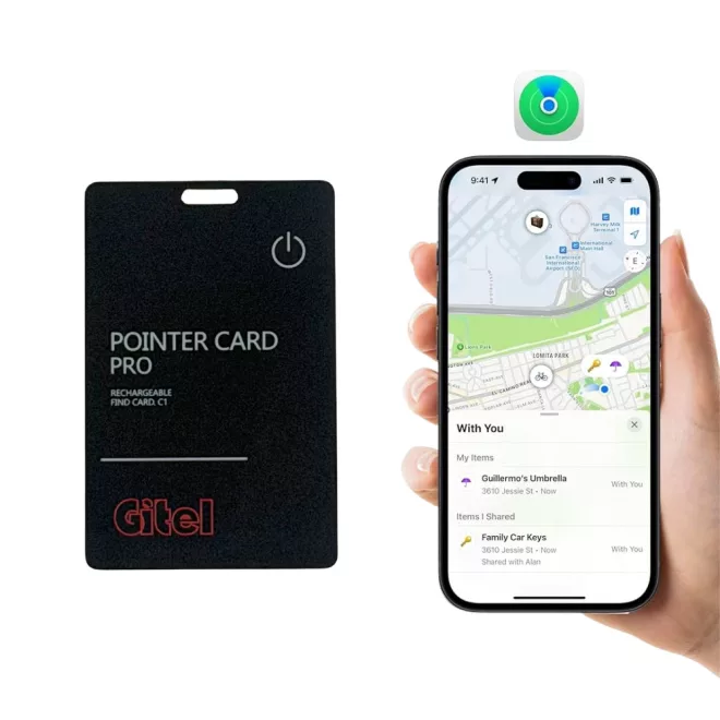 Apple Find My kompatibilis okos nyomkövető kártya pénztárcába, táskába és autóba – ultra-vékony 1,7mm, vezeték nélkül újratölthető Lokátor tracker (Pointercard Pro)