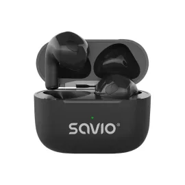   Fekete TWS vezeték nélküli Bluetooth fülhallgató (Savio TWS-02 Pro) - stabil kapcsolat, tiszta sztereó hangzás, kompakt töltőtokkal, kényelmes mindennapi használatra