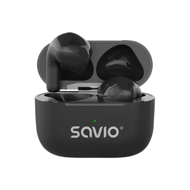 Fekete TWS vezeték nélküli Bluetooth fülhallgató (Savio TWS-02 Pro) - stabil kapcsolat, tiszta sztereó hangzás, kompakt töltőtokkal, kényelmes mindennapi használatra