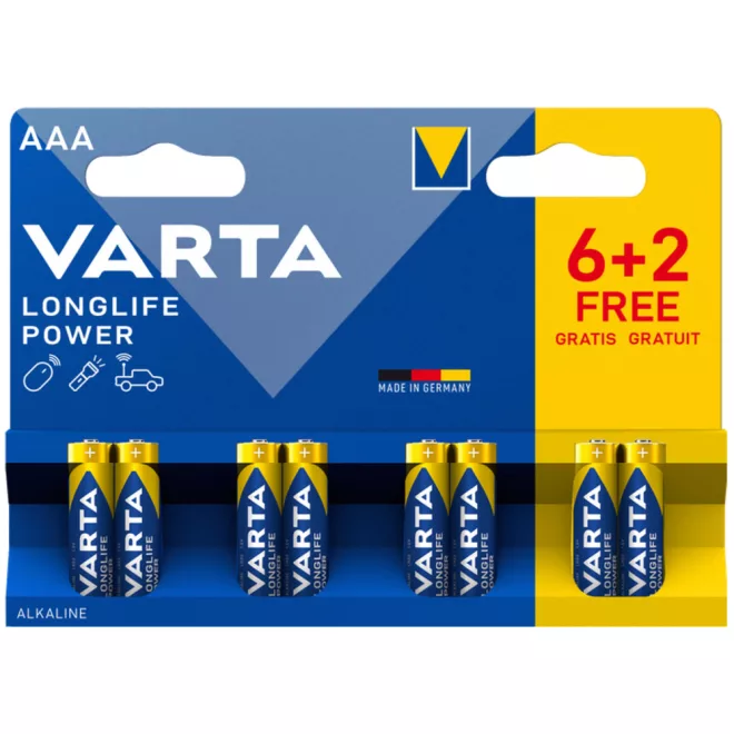 8db Varta Longlife Power AAA ceruza elem távirányítóhoz (LR03)