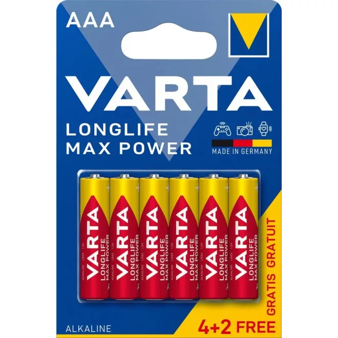 6db Varta Longlife Max Power AAA mikro vékony ceruza elem távirányítóhoz (LR03)