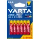 6db Varta Longlife Max Power AAA mikro vékony ceruza elem távirányítóhoz (LR03)