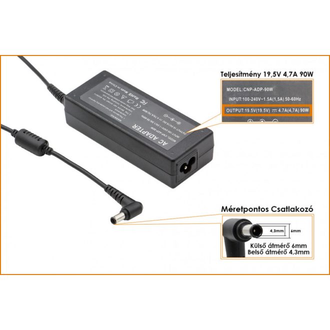 Sony VGP-AC19V32 19.5V 4.7A 90W helyettesítő új töltő (PCGA-AC19V10, PCGA-AC19V11)