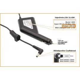   Lenovo, MSI, Fujitsu autós netbook töltő 20V 2A 40W helyettesítő (41R4441, 45K2200)