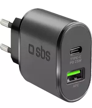 Univerzális 25W Szuper gyors Telefon és Tablet töltő | USB és USB-C (Type-C) csatlakozási lehetőség, Fekete, kábel nélkül 