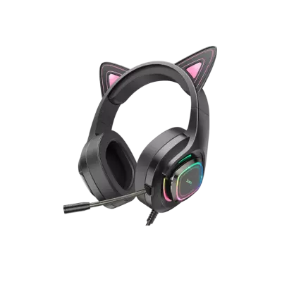 hoco. W107 Cute Cat fekete-pink RGB világítós cicafüles vezetékes gamer headset, fejhallgató (W107)