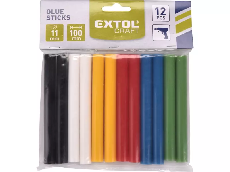EXTOL® Craft Színes Ragasztóstift | Ragasztórúd | 100 x 11 mm | Melegragasztó pisztolyhoz | 12 darab (9909)