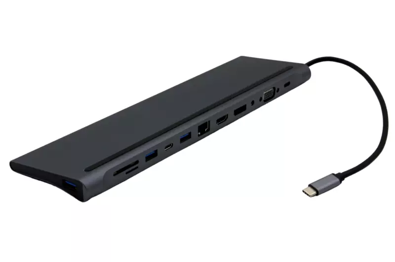 USB-C HUB 12 portos dokkoló HDMI, VGA, DisplayPort, USB-C, SD/microSD kártya olvasó, RJ-45 (Internet), 3,5mm audio, 3db USB 3.0 portokkal