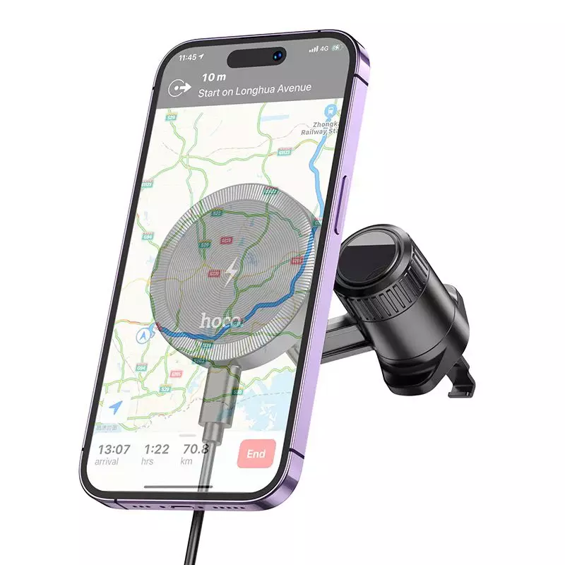 hoco. HW6 Vision Autós szellőzőre rögzíthető mágneses telefon tartó és vezeték nélküli gyorstöltő iPhone készülékekhez, szürke (HW6)