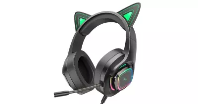 hoco. W107 Cute Cat fekete-zöld RGB világítós cicafüles vezetékes gamer headset, fejhallgató (W107)