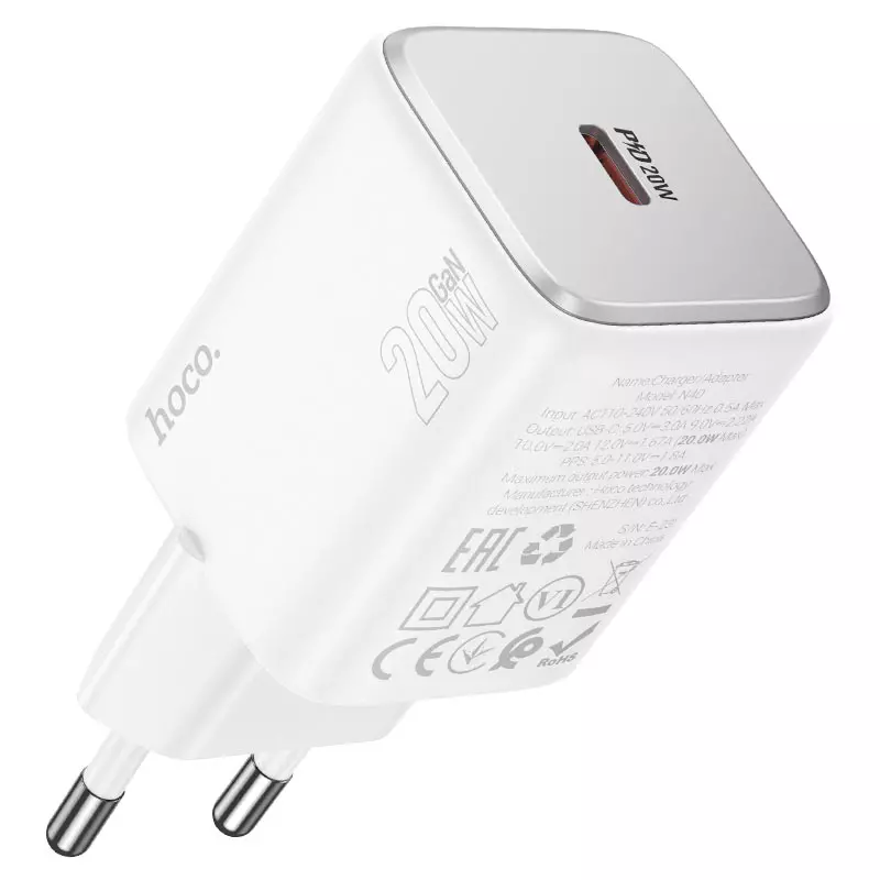 Hoco N40 Mighty PD 20W hálózati töltő, 1 db USB-C, USB-C/USB-C kábellel, fehér (N40)