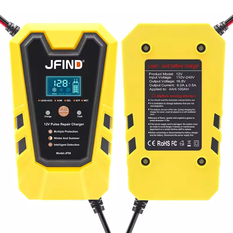 12V 6A Hordozható autó akkumulátor tesztelő és töltő, sárga, JFIND JF08 (D0071-1)