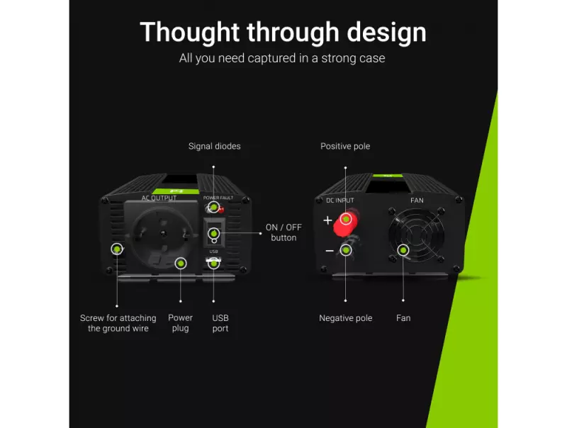 Green Cell 12V autós inverter 150W/300W DC 12V-ról AC 230V-ot csinál az autóban (INV06)