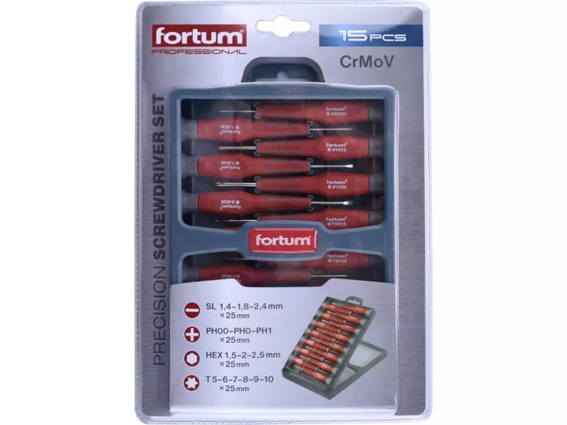 FORTUM Professional Műszerész - Órás csavarhúzó készlet 15db állítható tartóban (4740802)