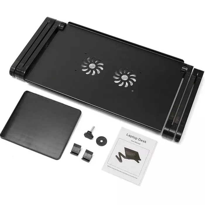 Univerzális laptoptartó max 17 colos laptophoz, multifunkciós, több ponton állítható, dupla hűtőventilátorral, egértartóval, tálcával, fekete