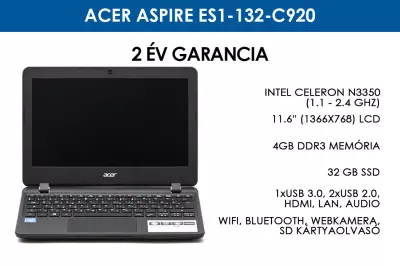 Acer Aspire ES1-132-C920 | Intel Celeron N3350 | 4GB RAM | 32GB SSD | WIFI | Bluetooth | Webkamera |  Win 10 | 2 év garancia!