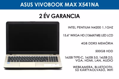 Asus Vivobook Max X541NA (barna) | Intel Pentium N4200 | 4GB RAM | 500 GB HDD | WIFI | Bluetooth | Webkamera |  Win 10 | 2 év garancia!