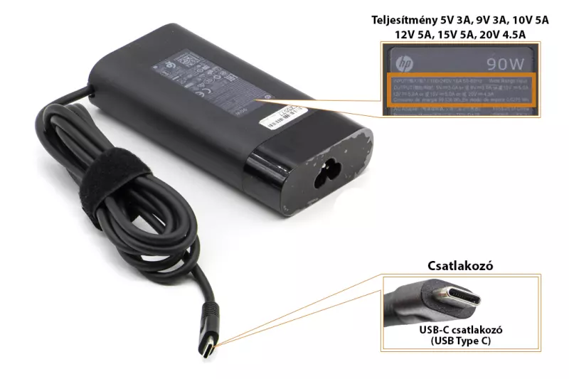 HP 90W gyári új USB-C (Type-C) töltő (L45440-003, 904144-B50, TPN-DA08)