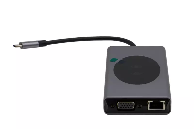 Multifunkciós 12 portos USB-C HUB, átalakító vezeték nélküli töltővel, HDMI, VGA, USB-C, SD/microSD kártya olvasó,3,5mm audio csatlakozó RJ-45 (Internet), 5db USB 3.0 portokkal