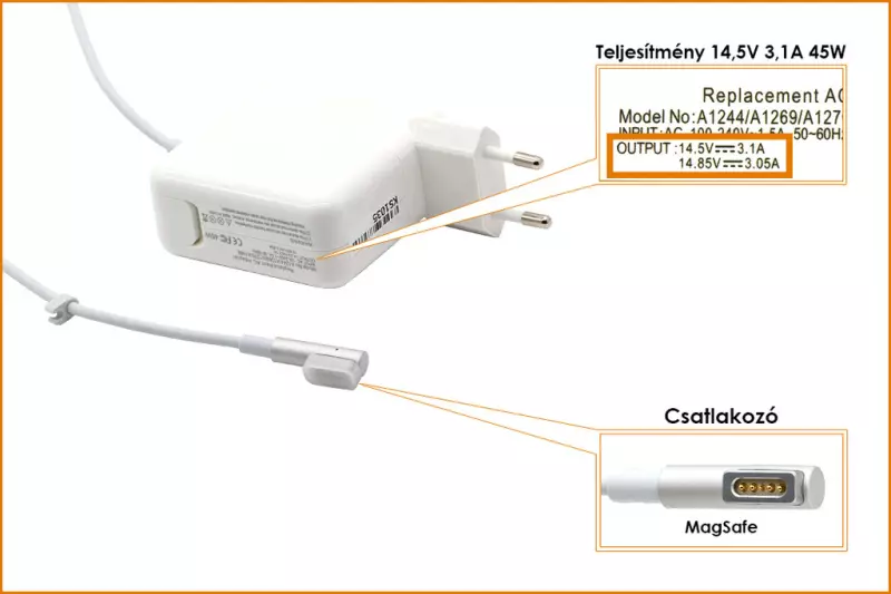 Apple 14.5V 3.1A 45W MagSafe helyettesítő új töltő (A1244)
