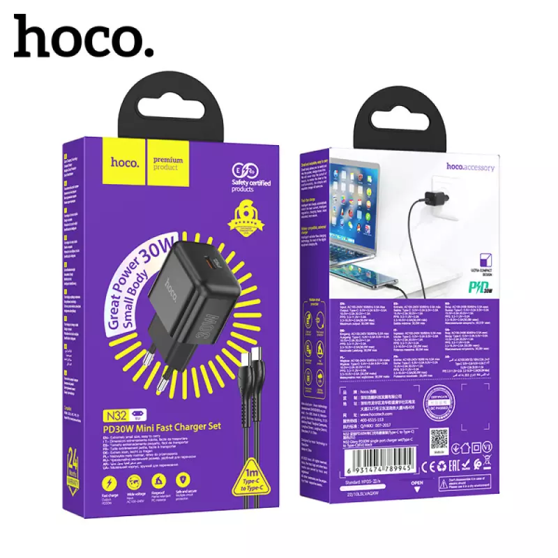 hoco. N32 Glory fali telefon és tablet gyorstöltő 30W USB-C kimenettel, USB-C/USB-C kábellel, fekete (N32)