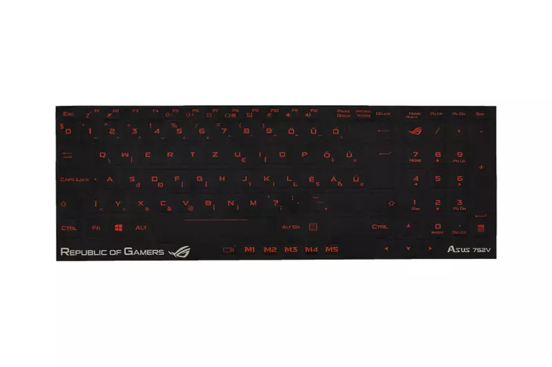 3M fekete kopásálló gyári minőségű magyar bevonat vörös betűvel, Gamer billentyűzet matrica, Asus ROG készülékekhez (pl.: G752, GL752 sorozat) 