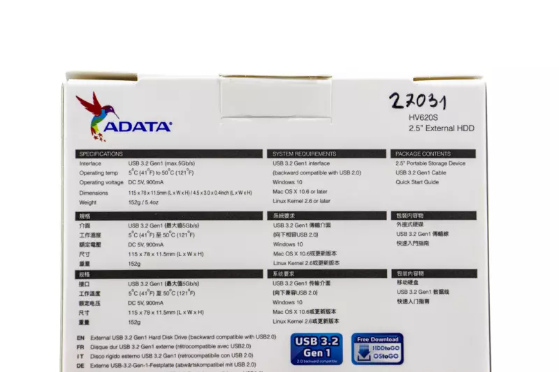 ADATA HV620S 1TB USB 3.2 Slim fehér külső winchester, HDD