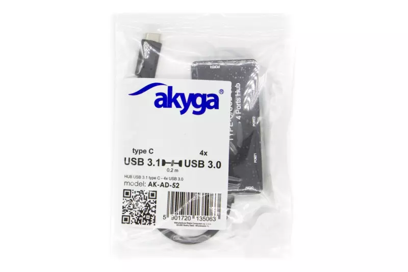 Akyga USB hub, elosztó 1db Type-C (apa) - 4db USB 3.0 (anya) porttal (AK-AD-52)