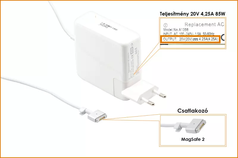 Apple 20V 4.25A 85W MagSafe 2 helyettesítő új töltő (A1424)