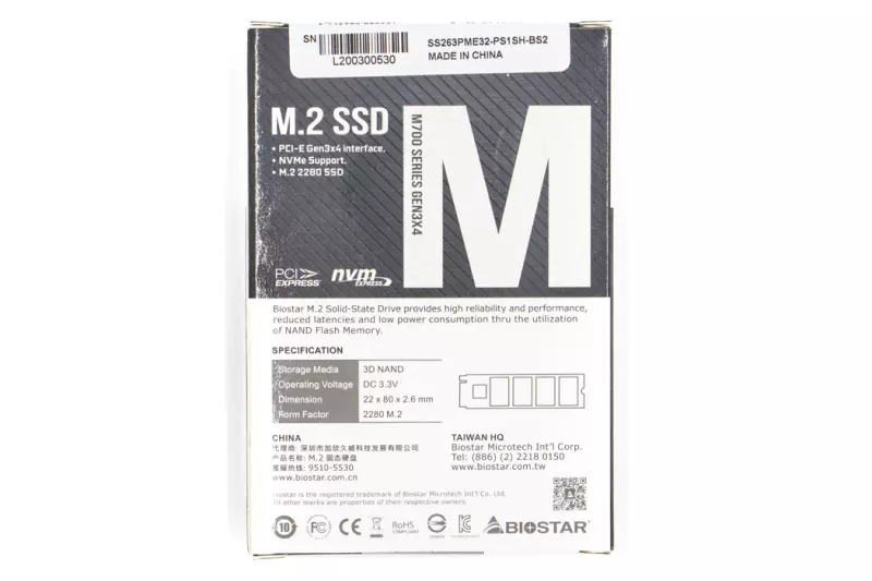 Biostar M700 256GB gyári új M.2 (2280) PCIe NVME SSD kártya (SS263PME32)