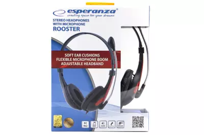 Esperanza Rooster sztereó fejhallgató mikrofonnal, fekete-piros (csatlakozó: 2x audio jack, most AJÁNDÉK 1x csatlakozóra alakítóval!)