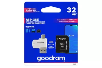 Goodram 32GB Class 10 UHS-I MicroSDHC kártya + adapter + OTG kártyaolvasó (M1A4-0320R12)