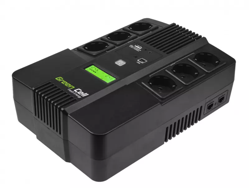 Green Cell AiO Szünetmentes Tápegység Akkumulátorral 600VA, 360W, LCD kijelző (6 Schuko, line-interaktív AVR, USB menedzsment, RJ45 vonalvédelem (UPS06)