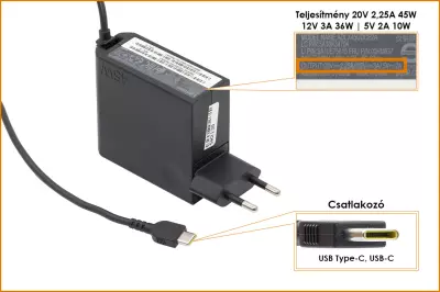 Lenovo USB Type-C (USB-C) 45W, 20V 2,25A / 12V 3A / 5V 2A (2ND GEN) gyári új töltő (00HM637)