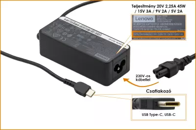 Lenovo 20V 2.25A 45W USB-C (Type-C) gyári új töltő (00HM663)