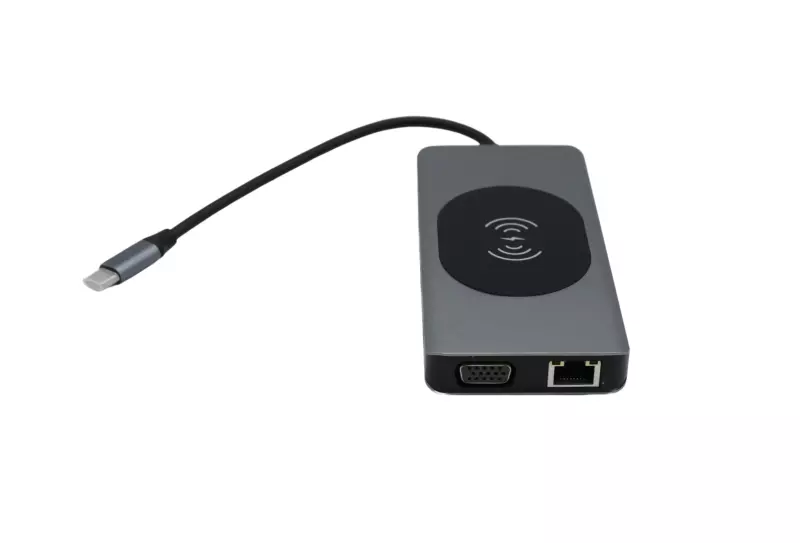 Multifunkciós 13 portos USB-C HUB, átalakító vezeték nélküli töltővel, 2xHDMI, VGA, USB-C, SD/microSD kártya olvasó, 3,5mm audio csatlakozó RJ-45 (Internet), 5db USB 3.0 portokkal