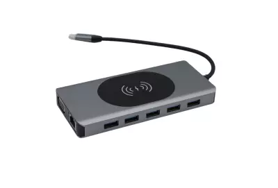 Multifunkciós 13 portos USB-C HUB, átalakító vezeték nélküli töltővel, 2xHDMI, VGA, USB-C, SD/microSD kártya olvasó, 3,5mm audio csatlakozó RJ-45 (Internet), 5db USB 3.0 portokkal
