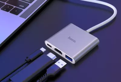 hoco. USB-C (Type-C) Multiport 3 portos Adapter, HDMI, USB 3.0, és USB-C kimenettel (HB14)