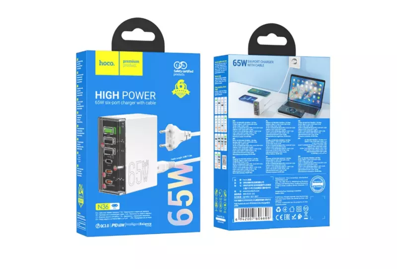 hoco. 65W USB-A és USB-C 6 Portos Gyors Telefon, Tablet és Laptop Töltő (N36)