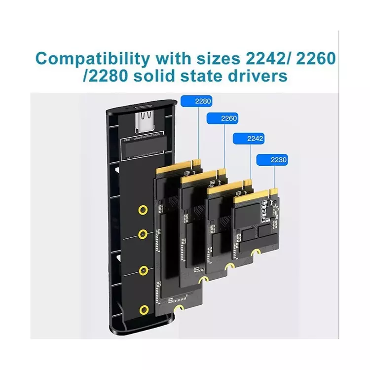 M.2 NVME SSD Külső fém ház USB-C és USB 3.1 kábellel (támogatott SSD méret: 2230, 2242, 2260, 2280)