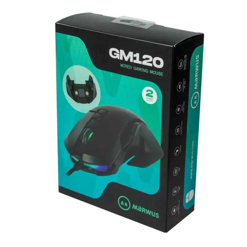 Marwus GM120 RGB világítós gamer egér, 16000 DPI, Kailh GM4.0 kapcsolók, cserélhető alj (GM120)