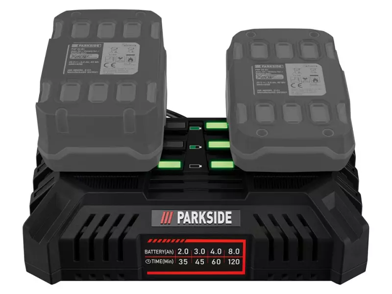 PARKSIDE® 20V 2x 4,5A gyári akkutöltő X20V Team, PDSLG 20 B1, dupla akkumulátor töltő