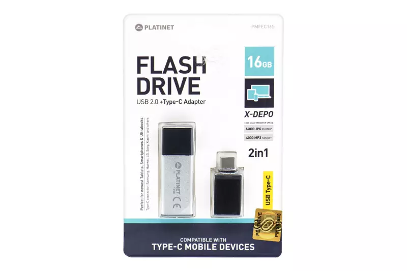 Platinet X-Depo 16GB ezüst-fekete pendrive USB Type-C adapterrel, PMFEC16S