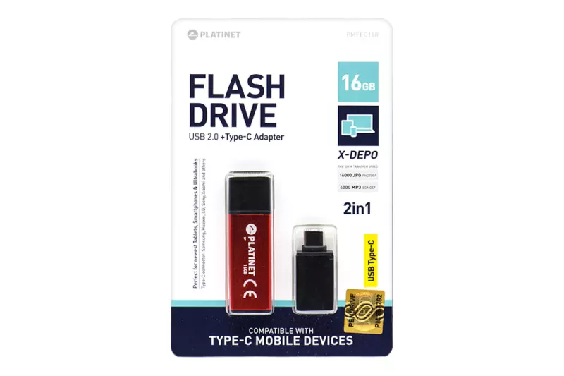 Platinet X-Depo 16GB pirost-fekete pendrive USB Type-C adapterrel, PMFEC16R