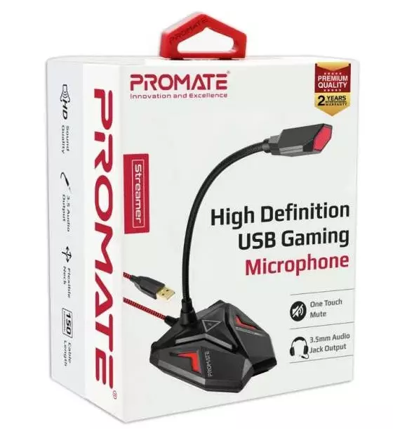 Promate USB Mikrofon - STREAMER (Plug & Play, flexibilis, Headset port, 1,5m, piros)