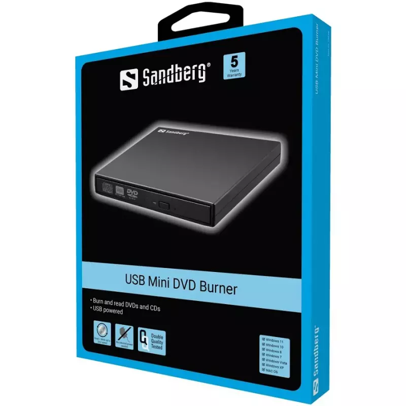 Sandberg Külső DVD +/- író/olvasó fekete, USB 2.0 + USB összekötő kábel (133-66) | 5 év garancia 