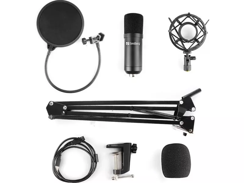Sandberg Mikrofon - Streamer USB Microphone Kit (fekete; USB; Pop-filter; lökés-csillapító; állítható asztali tartókar)(126-07)