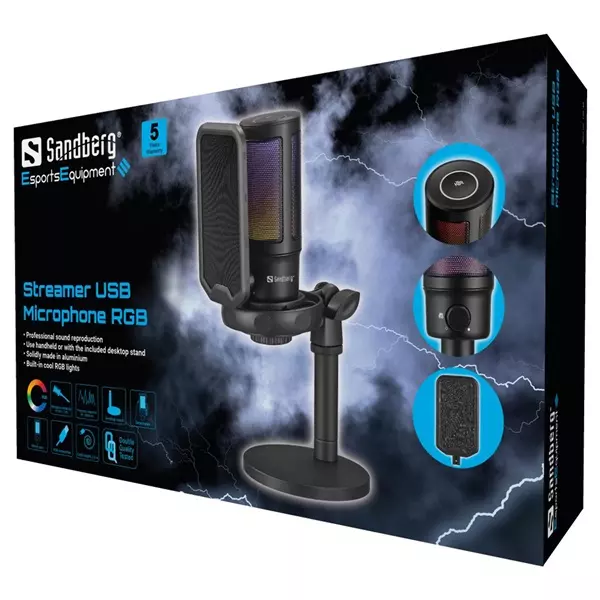 Sandberg Mikrofon - Streamer USB Microphone RGB (USB-C; Cardioid; RGB, 3,5 mm Jack fejhallgató kimenet, fekete) (126-39)
